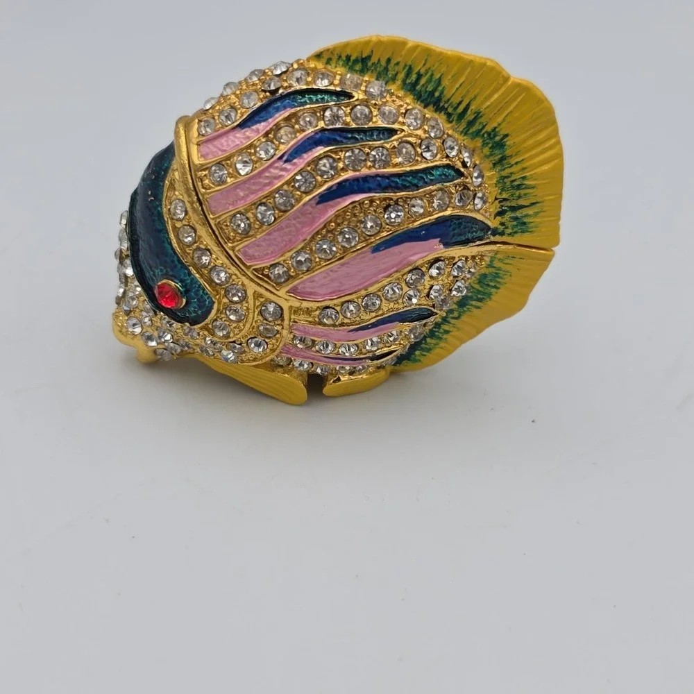 Vintage Colorful Puffer Fish Trinket Box Metal Enamel White Stone